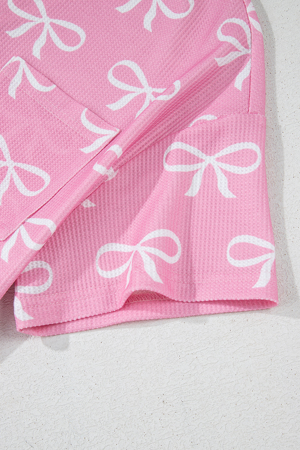 Pink Waffle Knit Bowknot Printed V Neck T Shirt and Shorts Set
