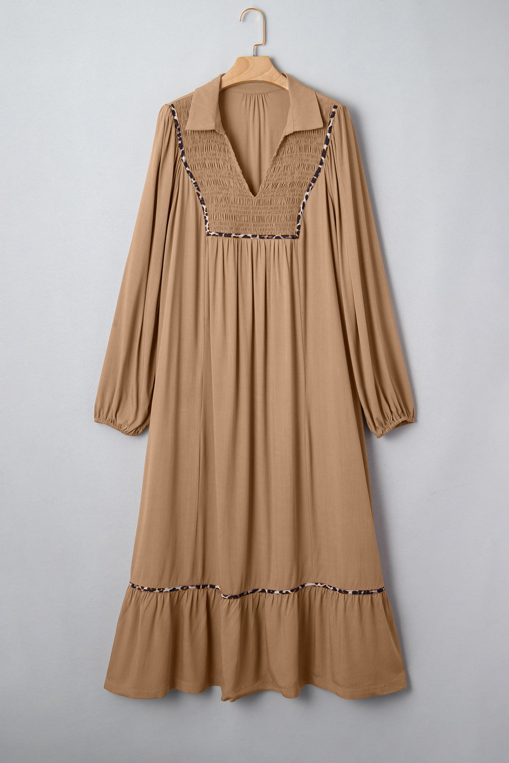 Chestnut Smocked V Neckline Leopard Piping Accent Bracelet Plus Size Long Dress