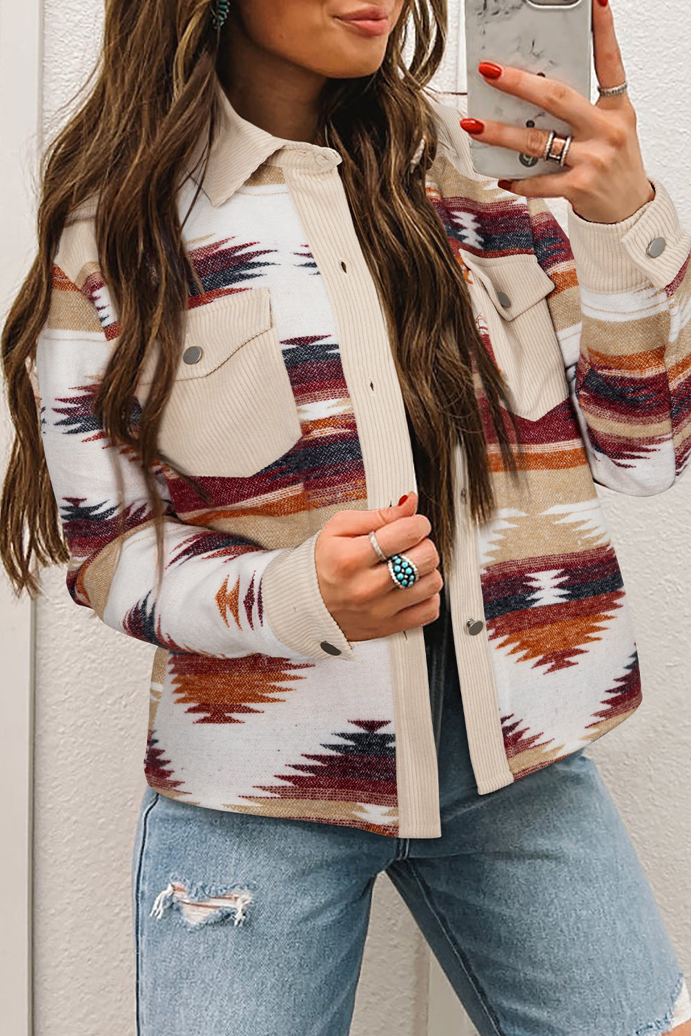 Multicolour Western Aztec Ribbed Patchwork Double Flap Pocket Raw Hem Shacket