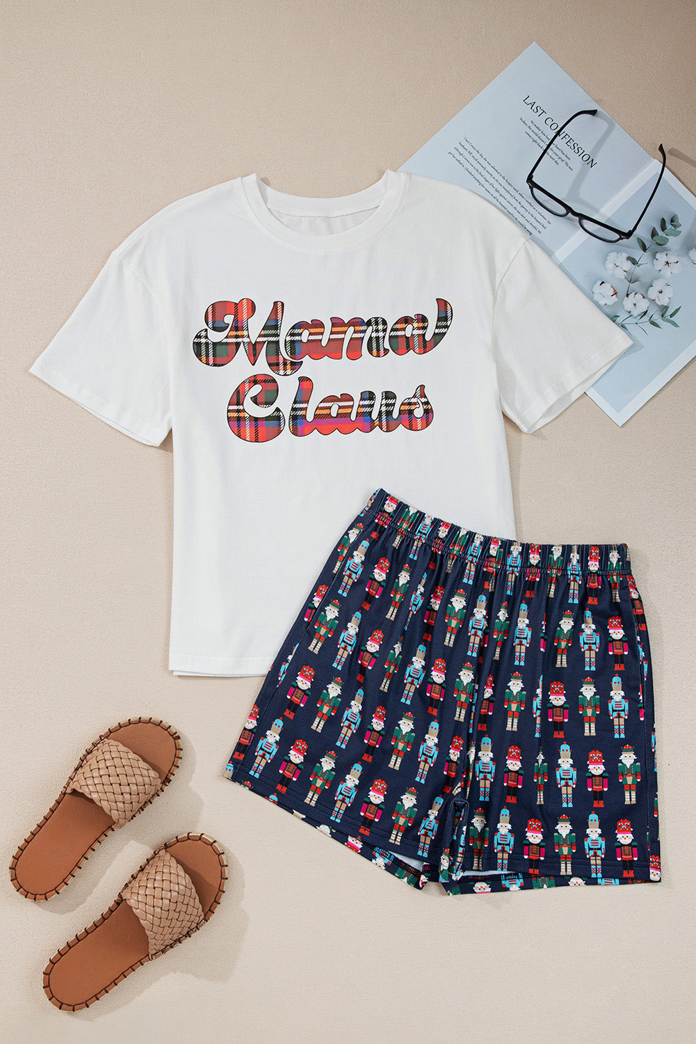 Pink Mama Claus Plaid Letter Tee Nutcracker Shorts 2pcs Lounge Set