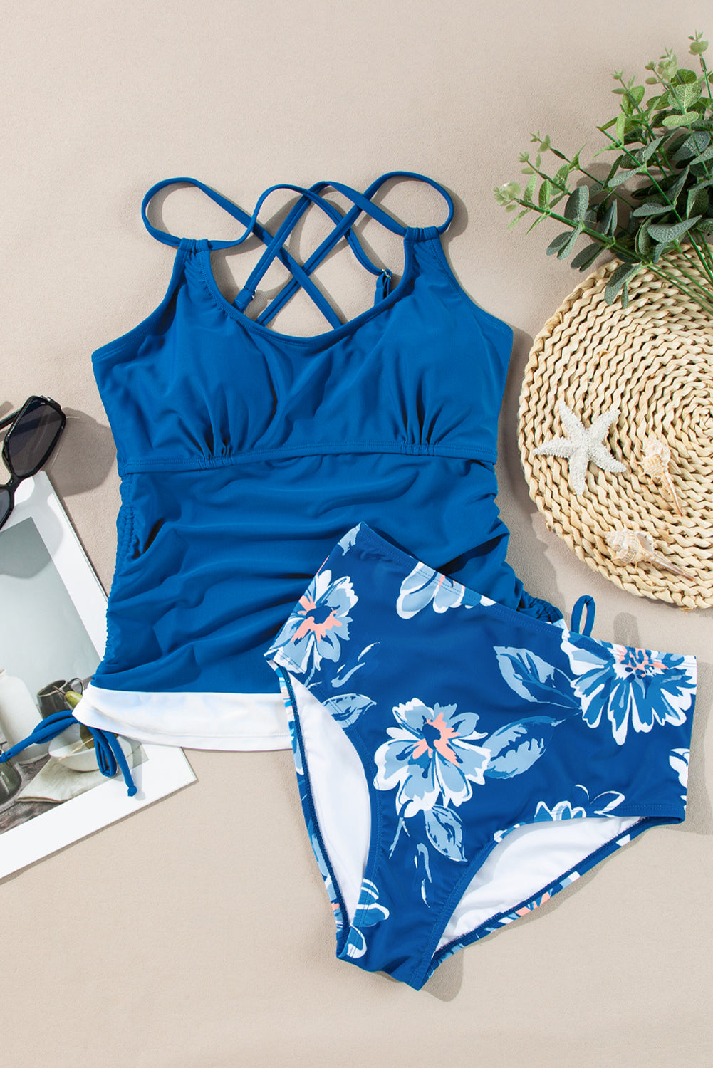 Prussian Blue Drawstring Tummy Control Mix-and-match 2pcs Tankini Swimsuit