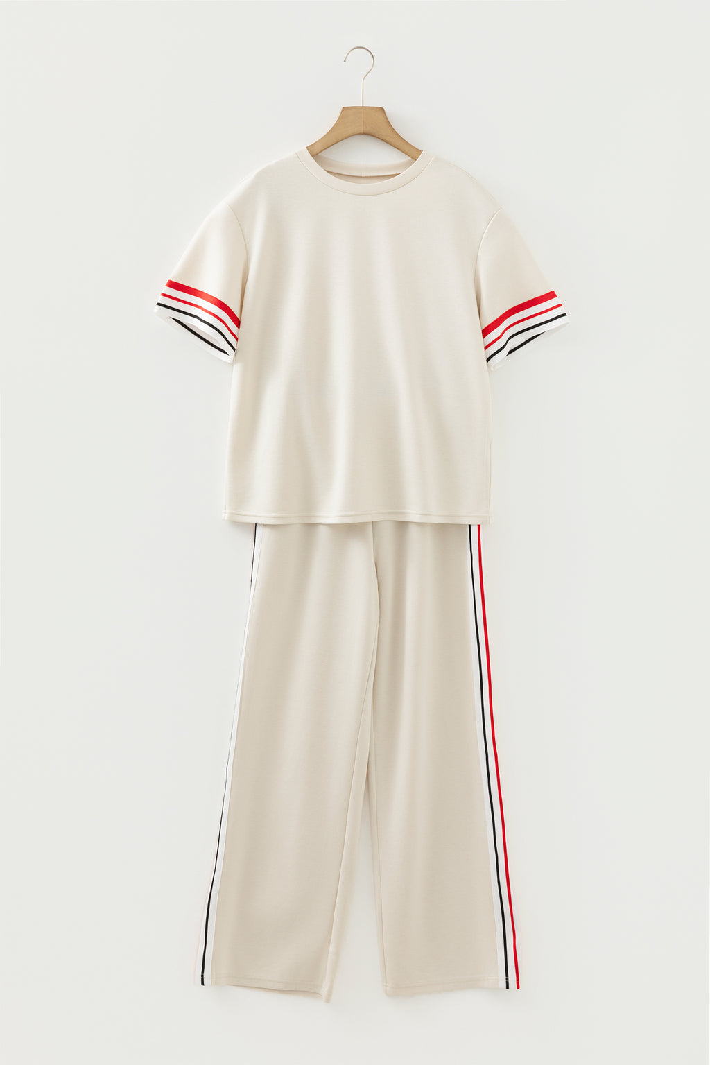 Jet Stream Contrast Striped Trim Crewneck T Shirt Loose Straight Pants Set