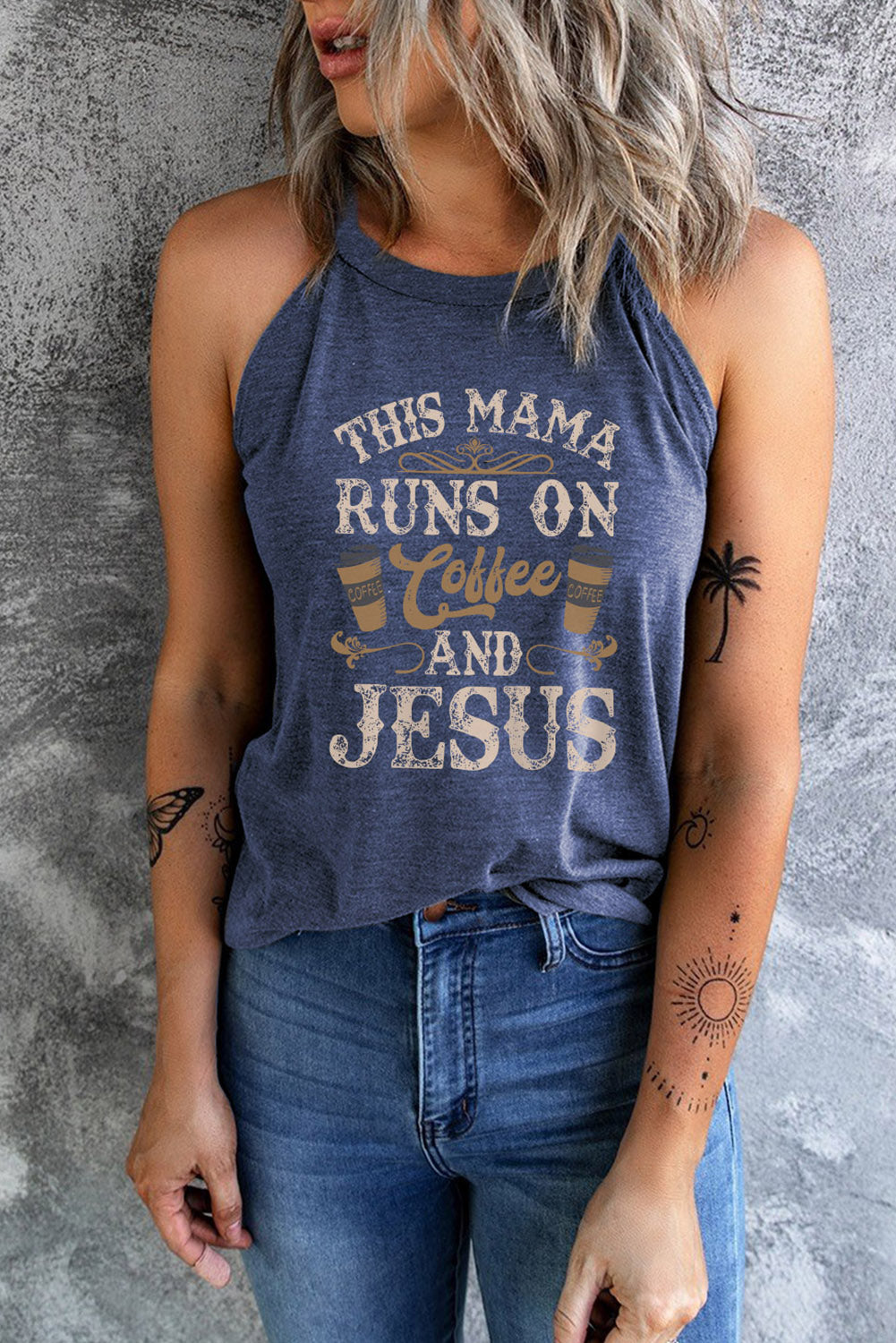 Blue THIS MAMA RUNS ON COFFEE AND JESUS Tank Top