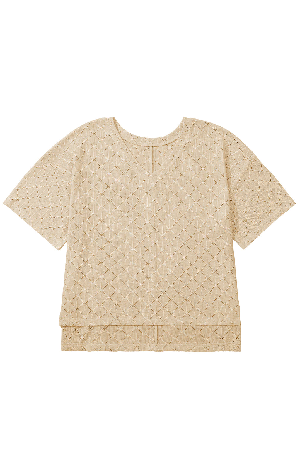 Golden Fleece Pointelle Rhombus Knit Plus Size V Neck Loose Top