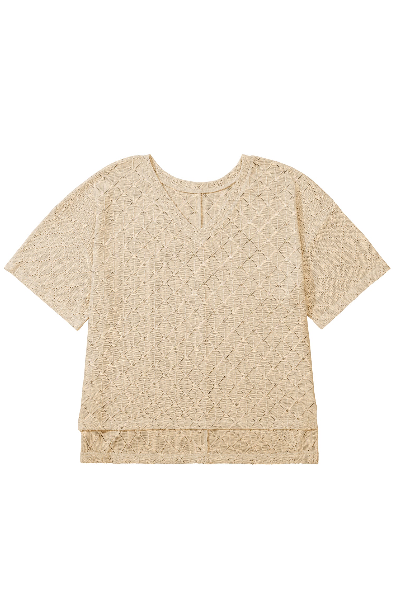 Golden Fleece Pointelle Rhombus Knit Plus Size V Neck Loose Top