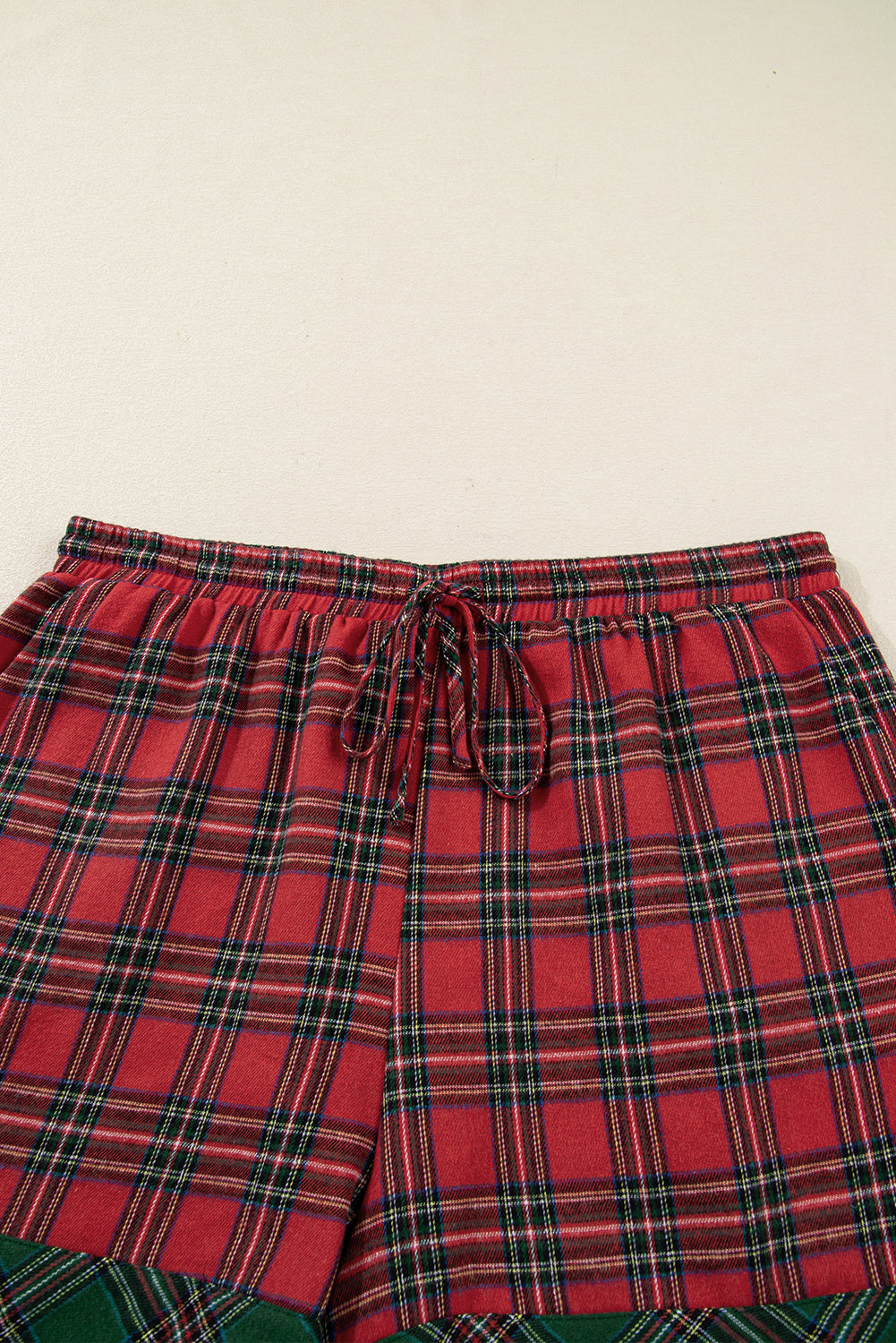 Red Plus Size Plaid Contrast Patchwork Long Sleeve Shirt and Shorts 2pcs Pajama Set
