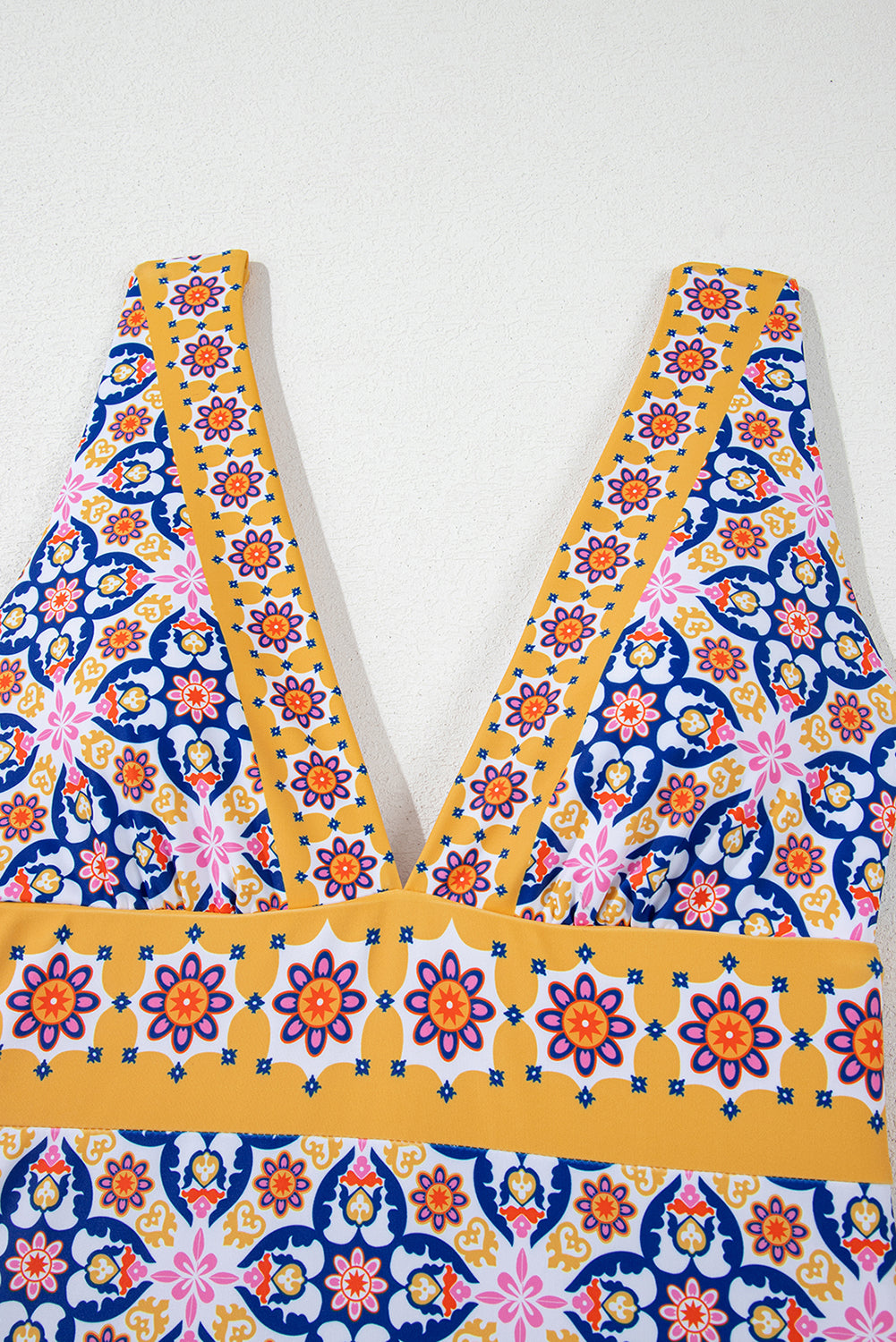 Yellow Floral Print V Neck One Piece Swimsuit