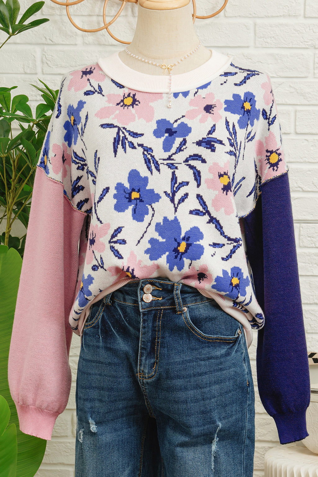 Khaki Floral Panel Colorblock Sleeve Patchwork Sweater