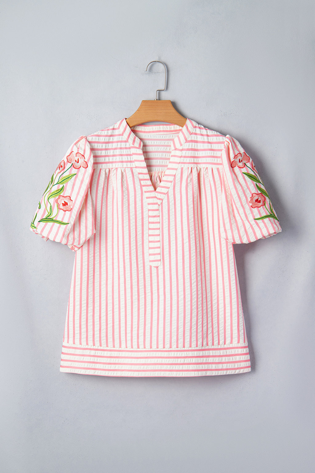 Pink Stripe Print Floral Embroidered Puff Sleeve V Neck Blouse