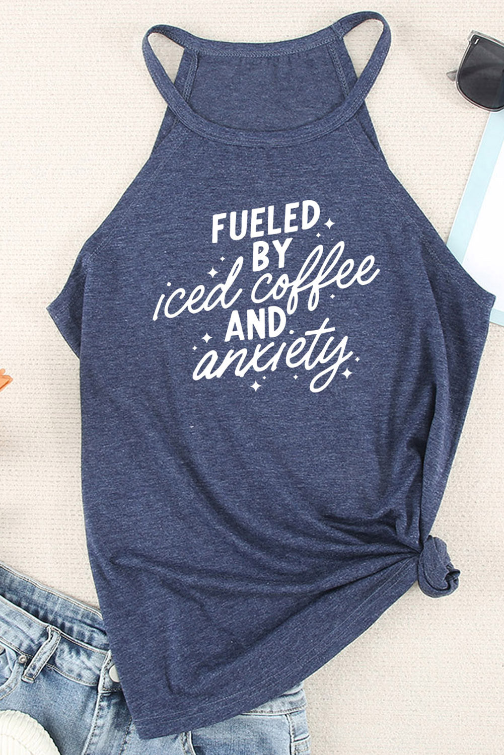 Blue Fueled By Iced Coffee and Anxiety Tank Top