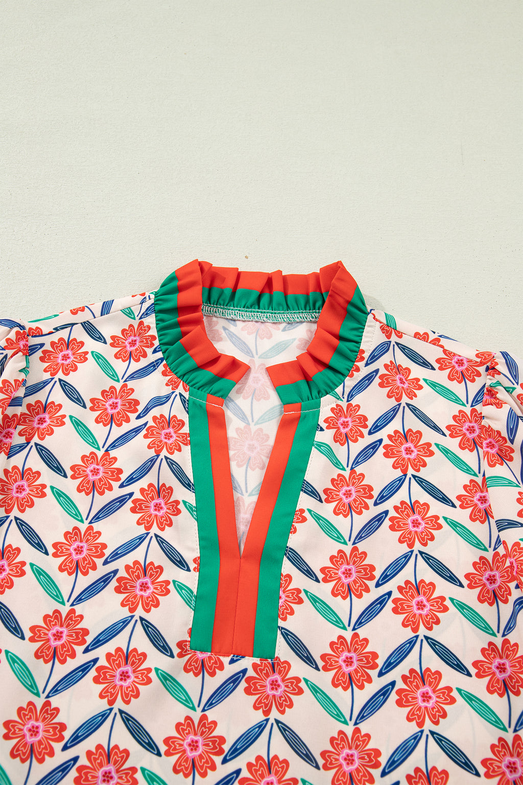 Red Floral Print Striped Detail V Neck Ruffled Short Sleeve Blouse