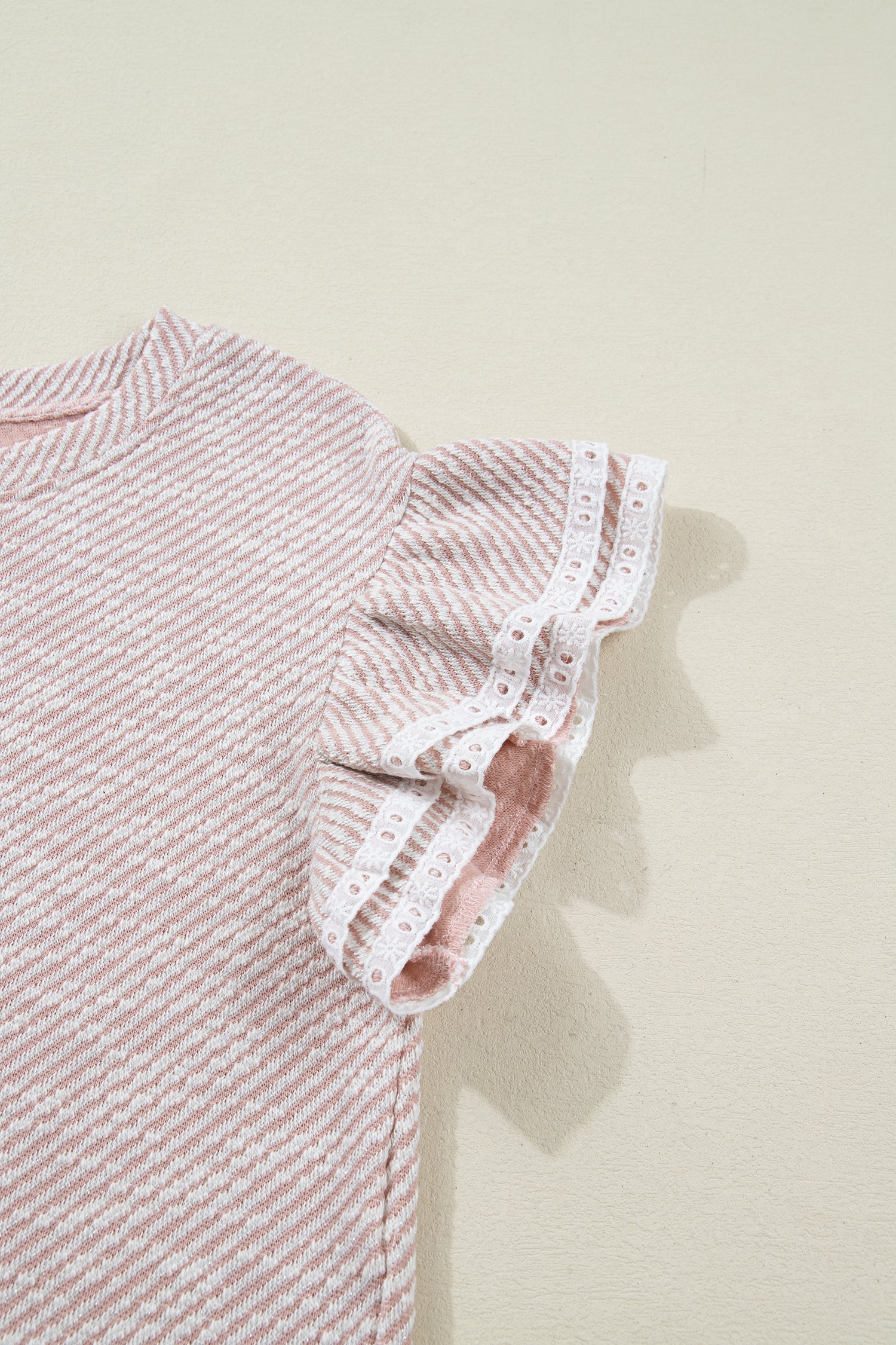 Light Pink Twilled Print Lace Trim Ruffled Short Sleeve Blouse