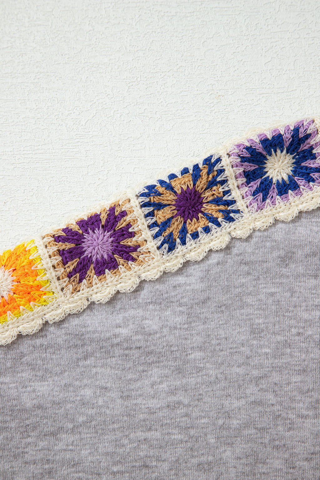 Light Grey Granny Square Crochet Detail Loose T Shirt