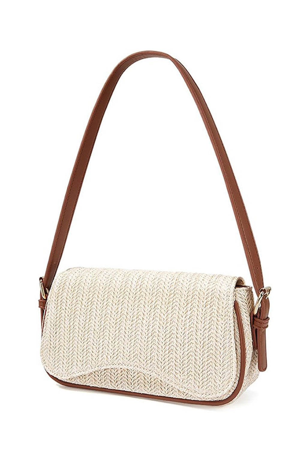 White Raffia Woven PU Leather Trim Shoulder Bag