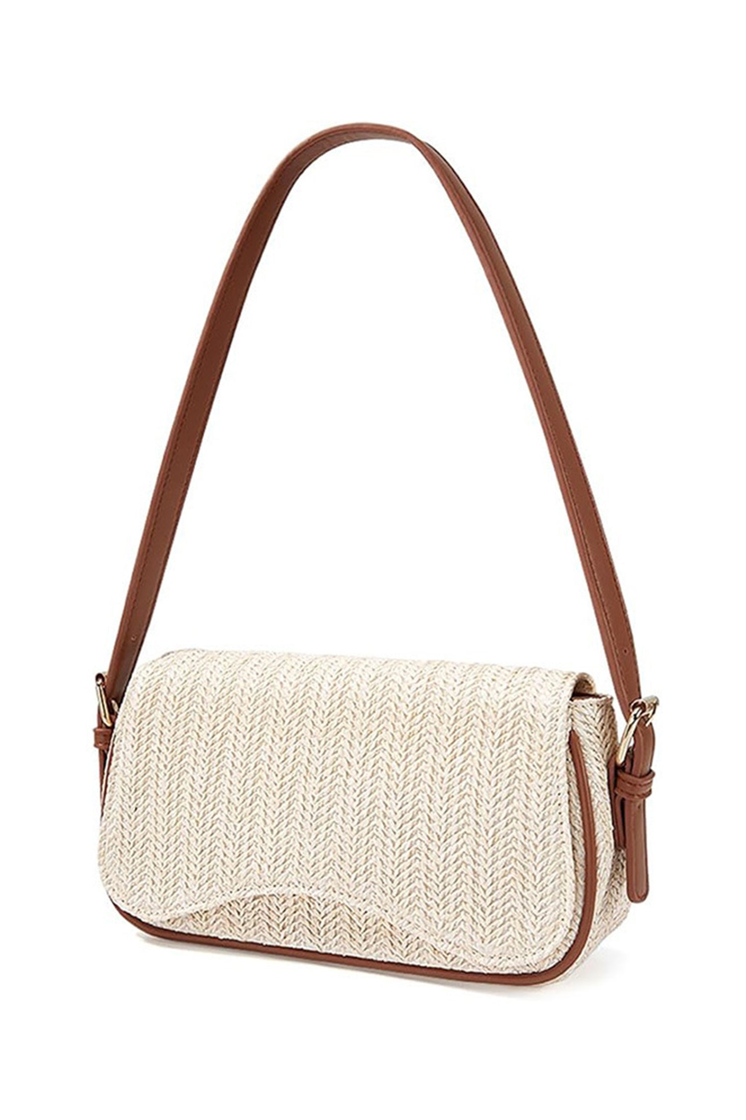 White Raffia Woven PU Leather Trim Shoulder Bag