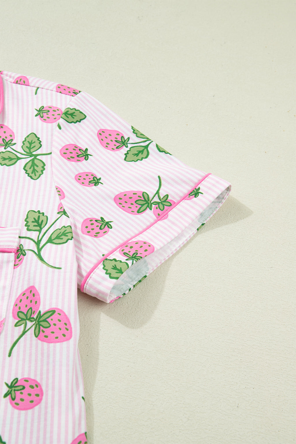 Pink Striped Strawberry Print Lapel Shirt Drawstring Shorts 2pcs Pajama Set
