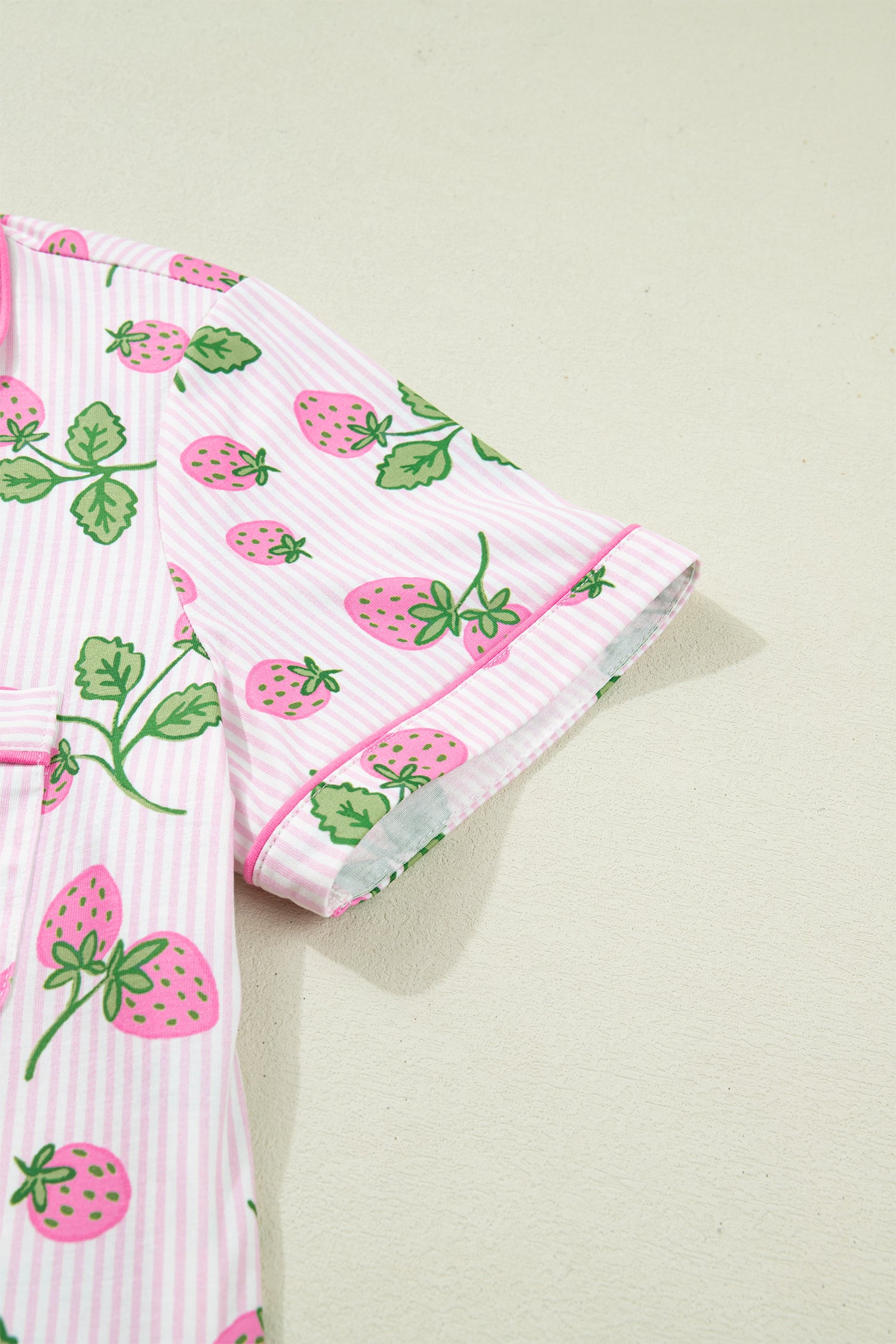 Pink Striped Strawberry Print Lapel Shirt Drawstring Shorts 2pcs Pajama Set