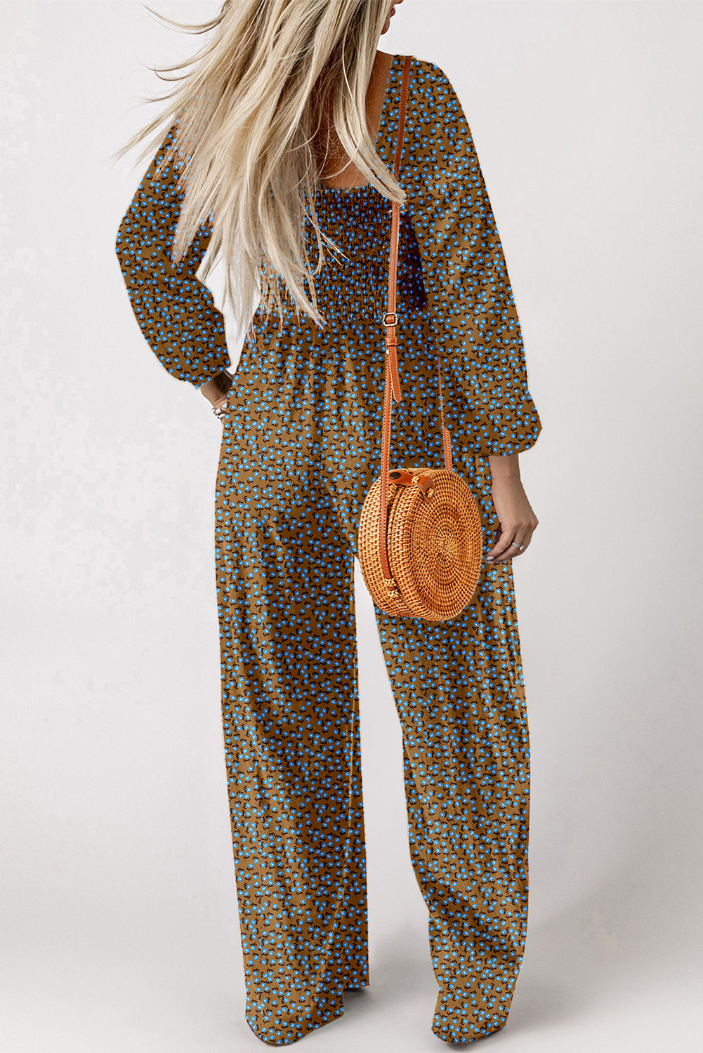 Brown Floral Print Western Smocked Bodice Square Neck Wide Leg Jumpsuit