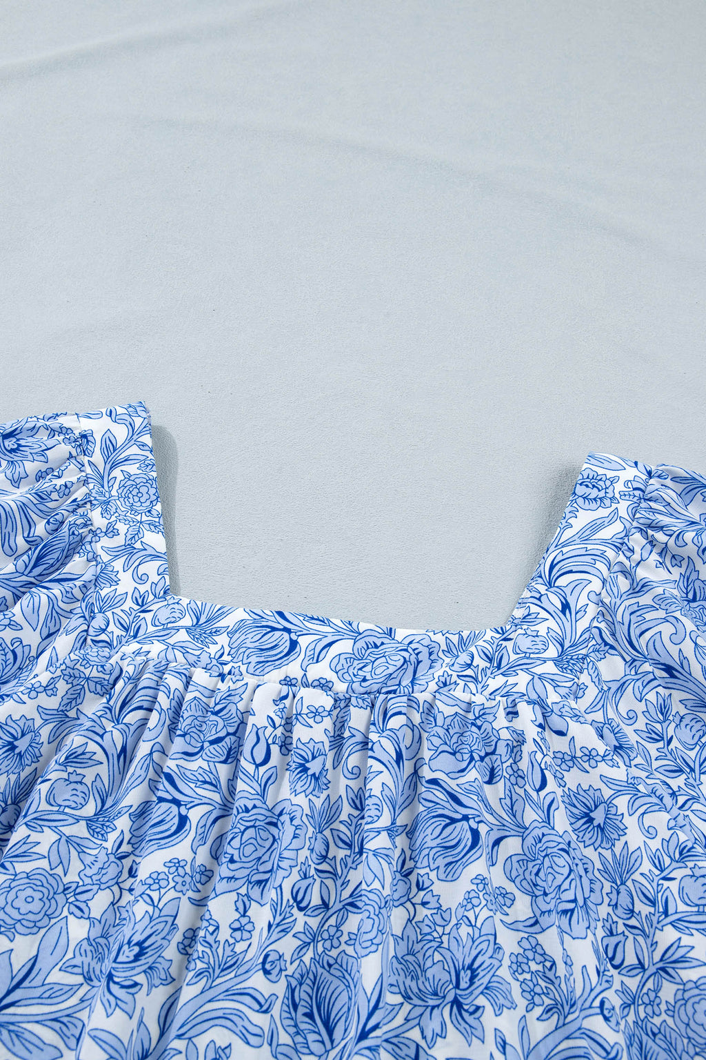 Sky Blue Square Neck Short Puff Sleeve Pleated Floral Blouse