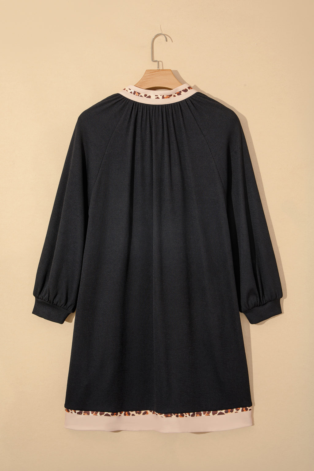 Black Contrast Color Block Leopard Trim Plus Size Ribbed Dress