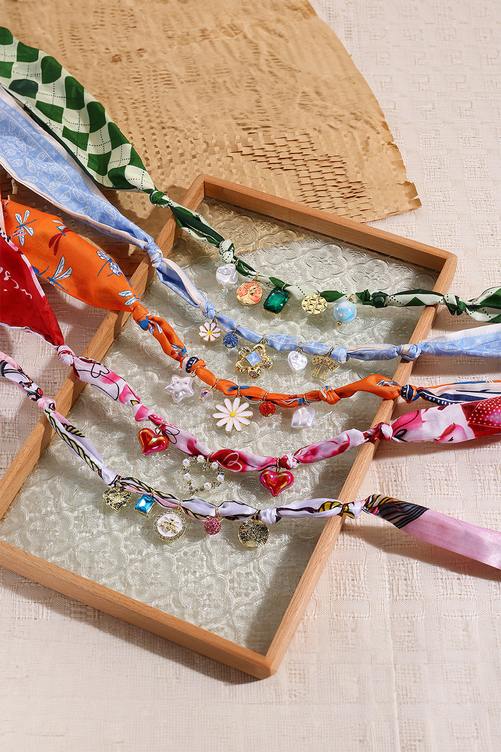 Orange Dragonfly Print Daisy Flower Pearl Crystal Decor Ribbon Necklace