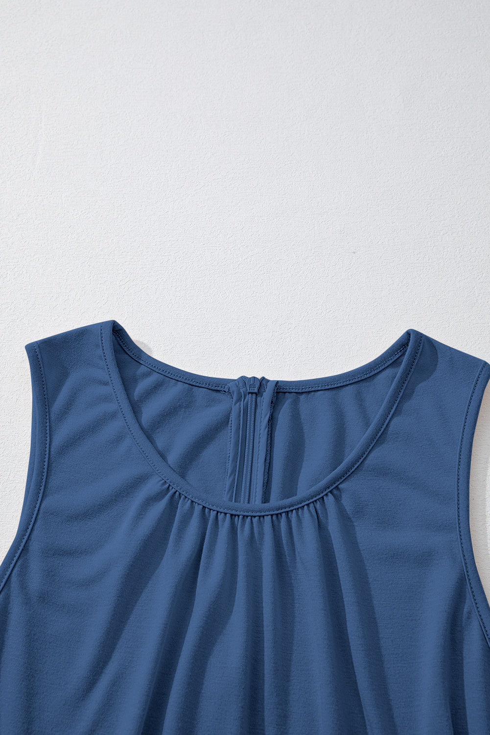 Sail Blue Solid Color Pleated Detail Elastic Waist Sleeveless Jumpsuit