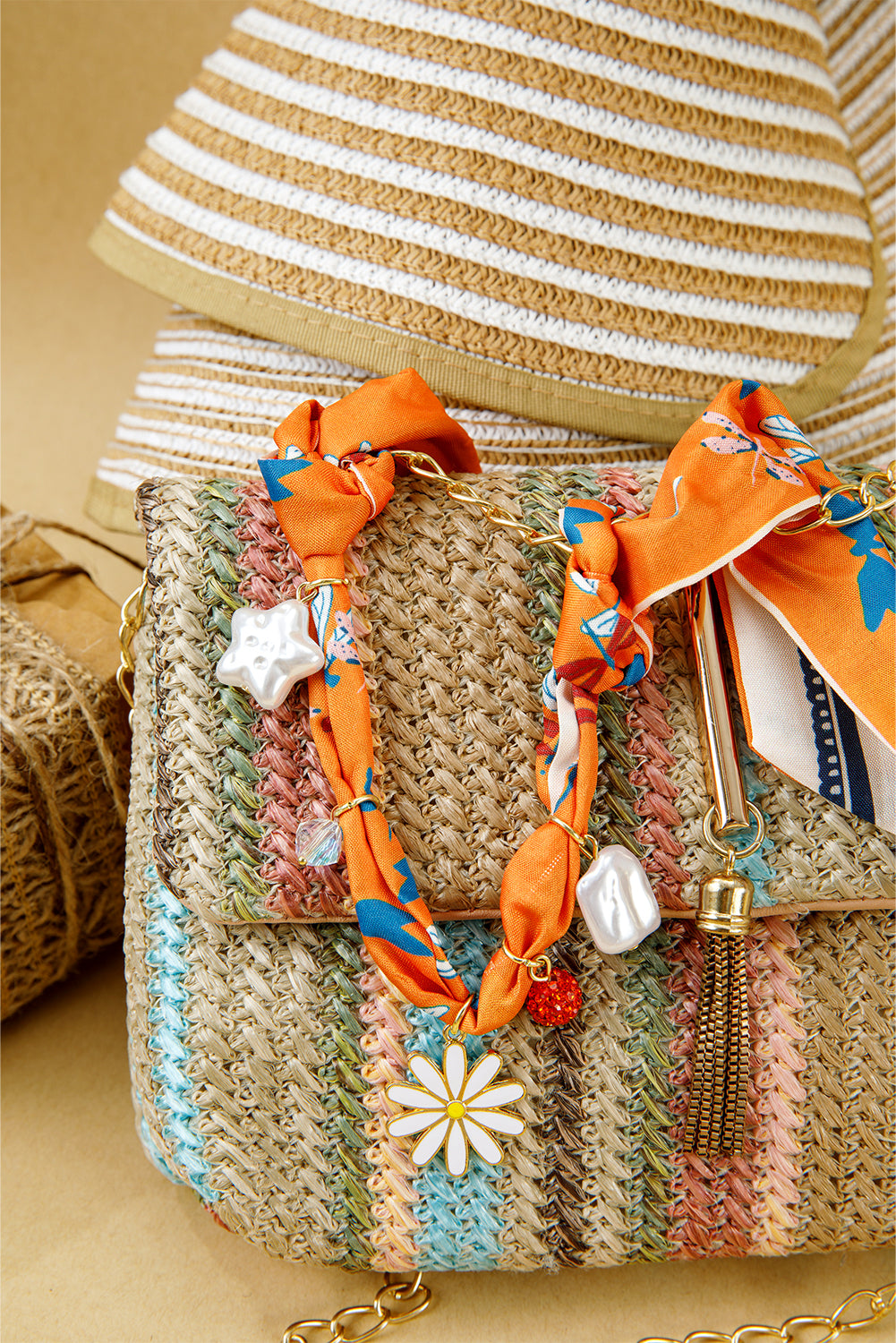 Orange Dragonfly Print Daisy Flower Pearl Crystal Decor Ribbon Necklace
