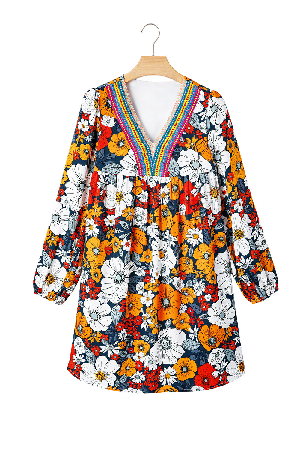 Orange Floral Print Striped Lace V Neck Long Sleeve Mini Dress