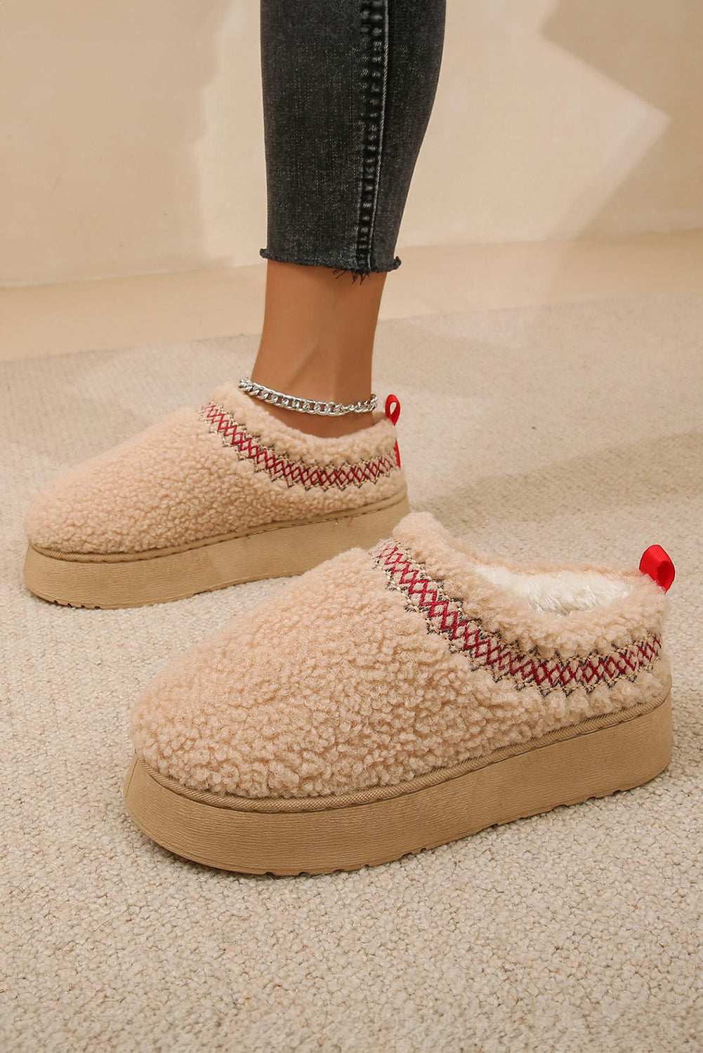 Oatmeal Soft Plush Embroidered Detail Flat Platform Slippers