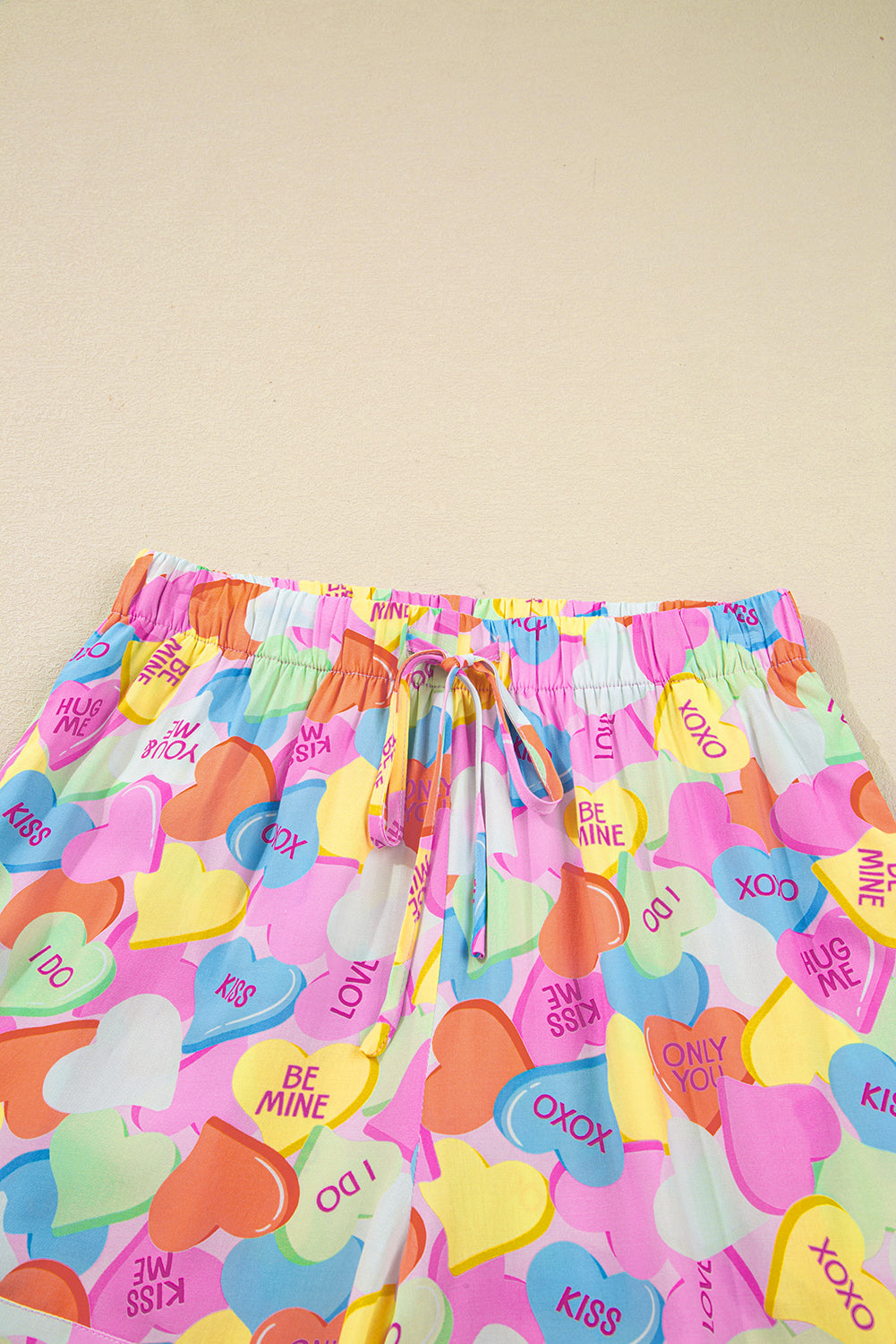 Pink Valentines Candy Heart V Neck Collared Tunic Shirt and Shorts 2pcs Pajama Set