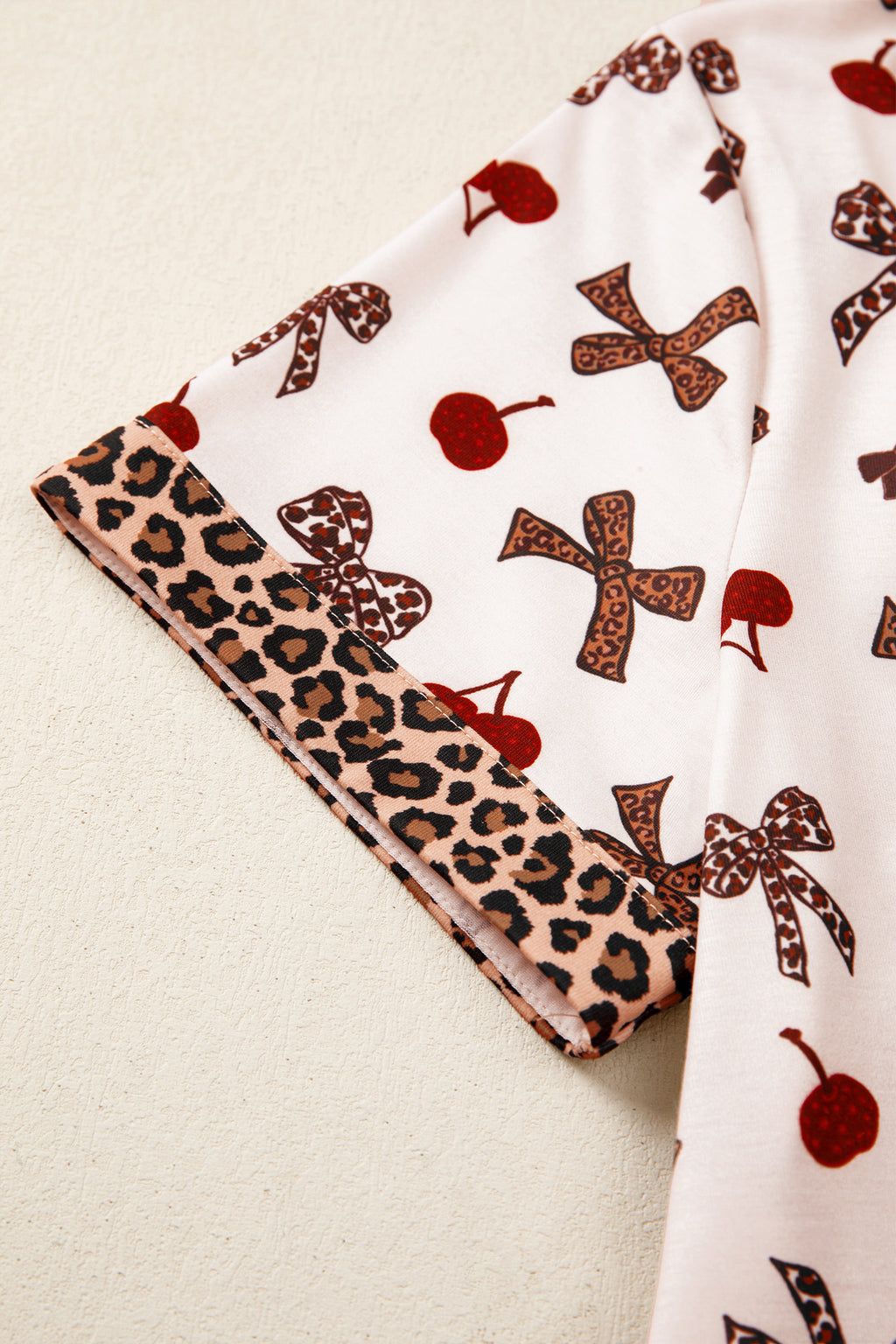 White Chic Bow Cherry Printed Leopard Contrast Patchwork Shirt Drawstring Shorts 2pcs PJ Set