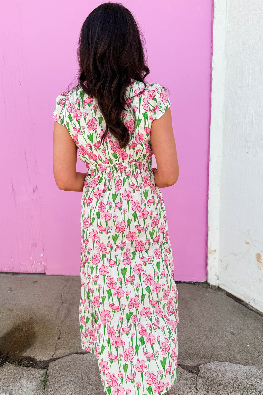 Pink Floral Print Contrast Trim V Neck Short Sleeve Elegant Midi Dress