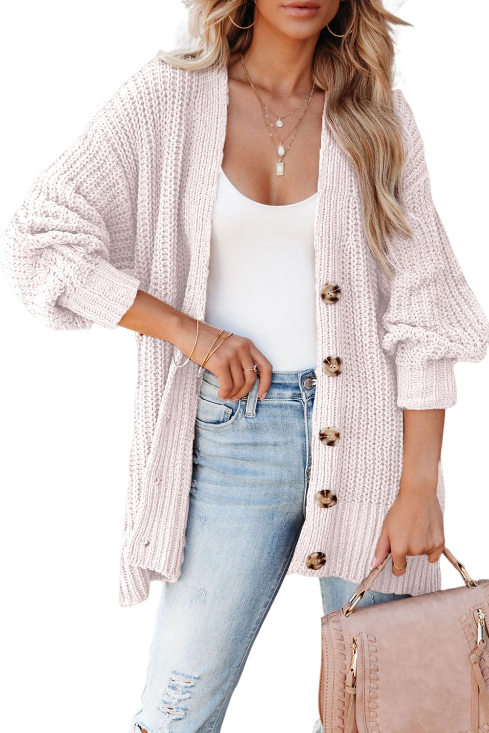 Pink Buttoned Front Drop Shoulder Knitted Cardigan