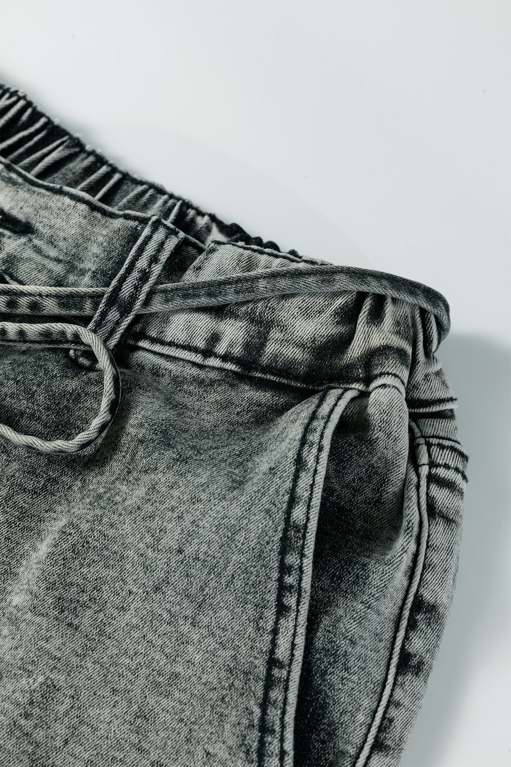 Gray Acid Wash Tie Waist Denim Pants