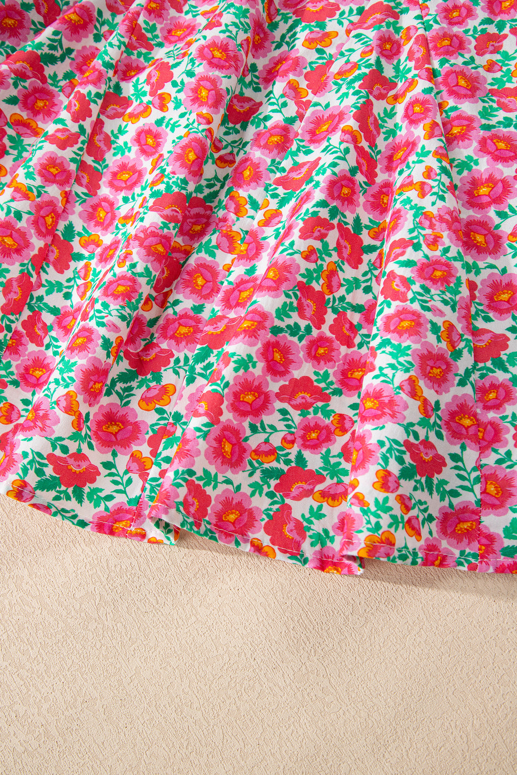 Pink Floral Print V Neck Patchwork Short Bubble Sleeve Mini Dress