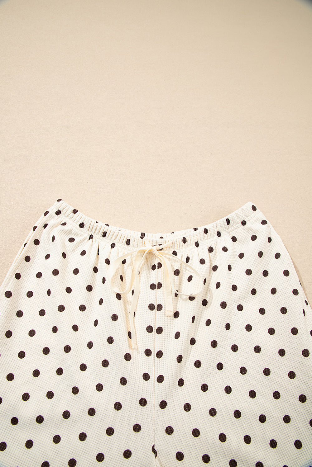 White Polka Dot Print Notched Neck Long Sleeve Top Drawstring Jogger Pants Waffle Knit Lounge Set