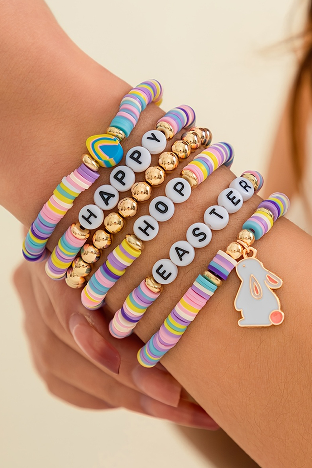 Gold Happy Easter Letter Beaded Elastic Multi Layer Bracelet