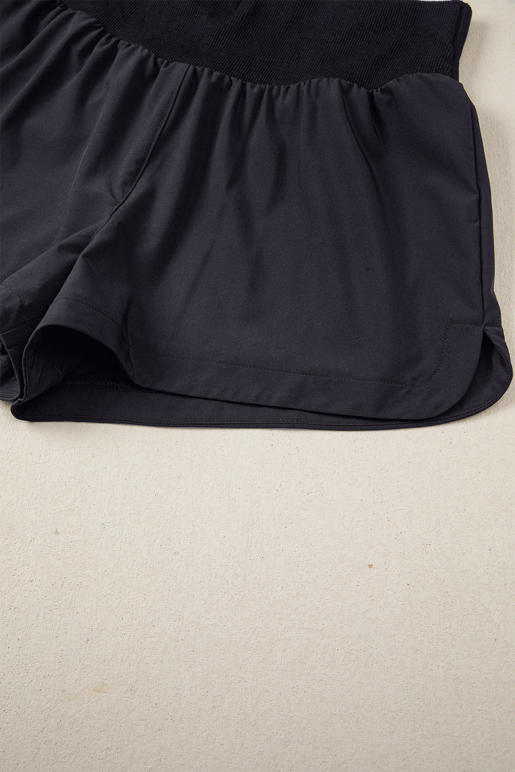 Black Solid Color Ribbed Patchwork High Waist Athletic Shorts