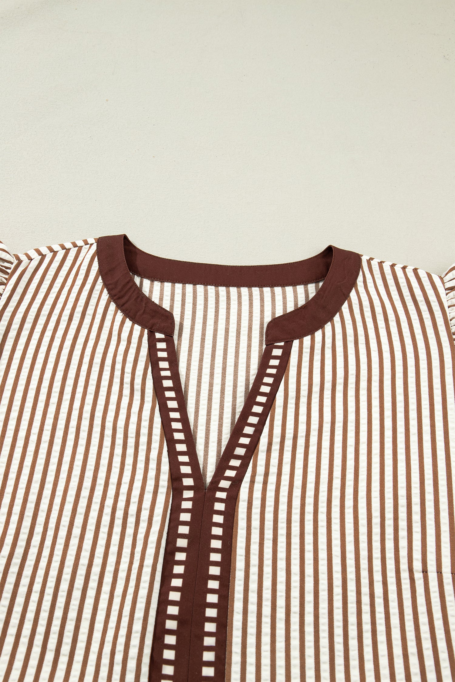 Brown Stripe Plus Size Slit V Neck Tiered Flutter Sleeve Maxi Dress
