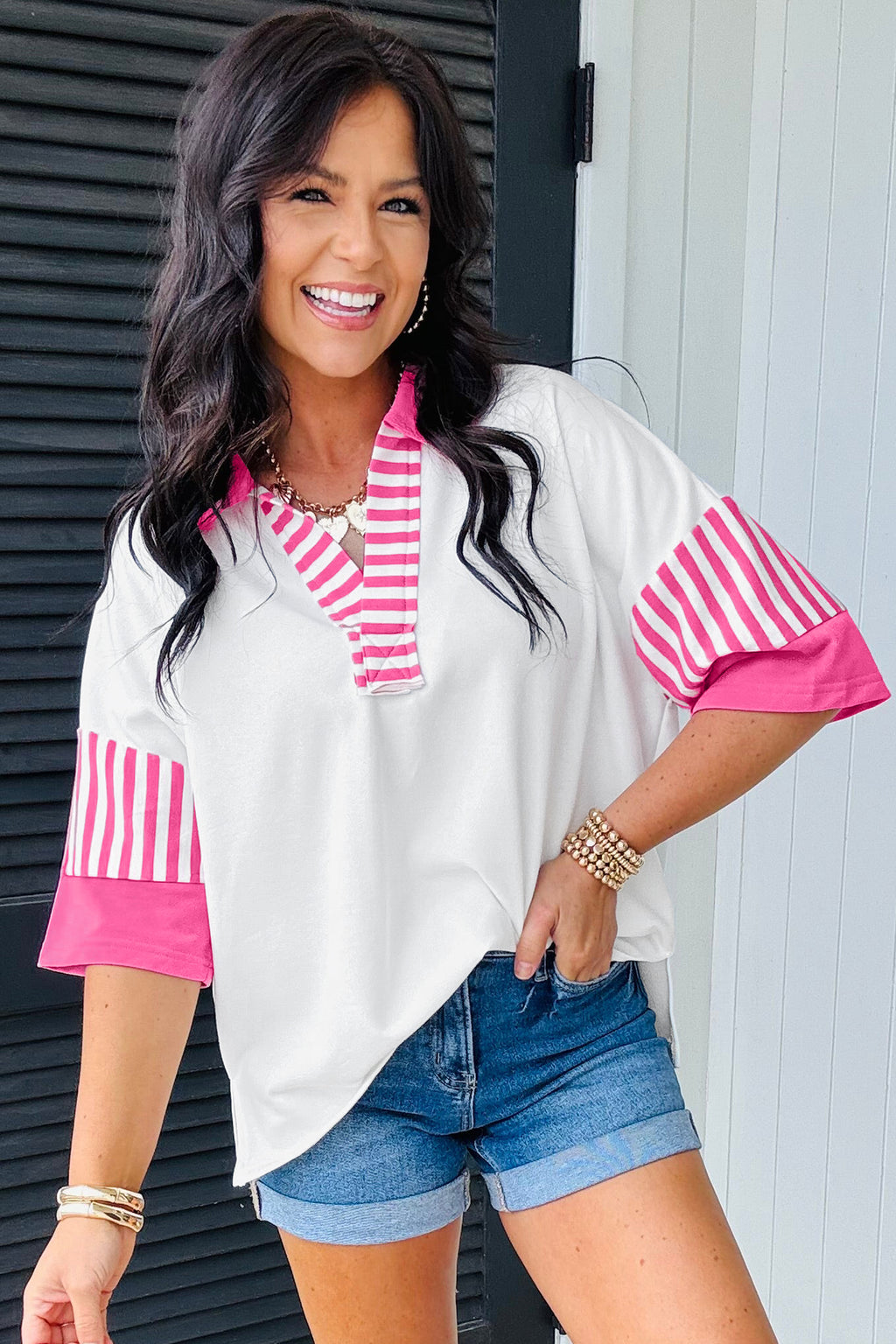 White Striped Color Block Patchwork Polo Collar Half Sleeve T Shirt
