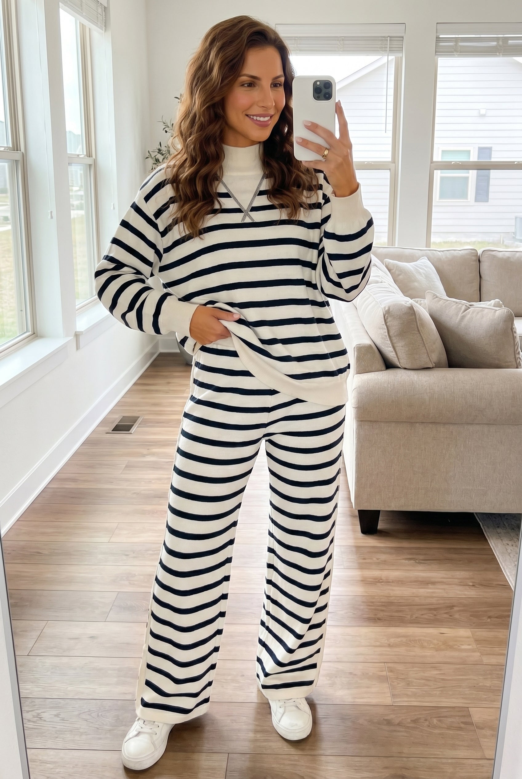 Blue Stripe Striped Ribbed Cuff Collar Pocket Loose Pant Set