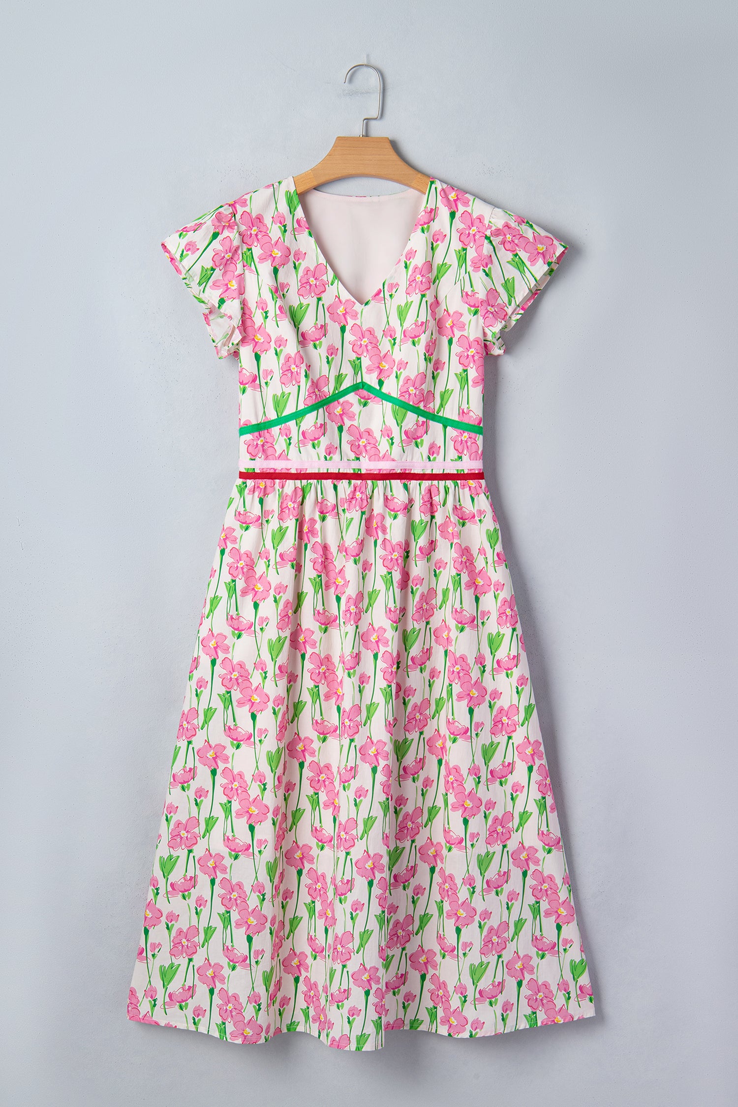 Pink Floral Print Contrast Trim V Neck Short Sleeve Elegant Midi Dress