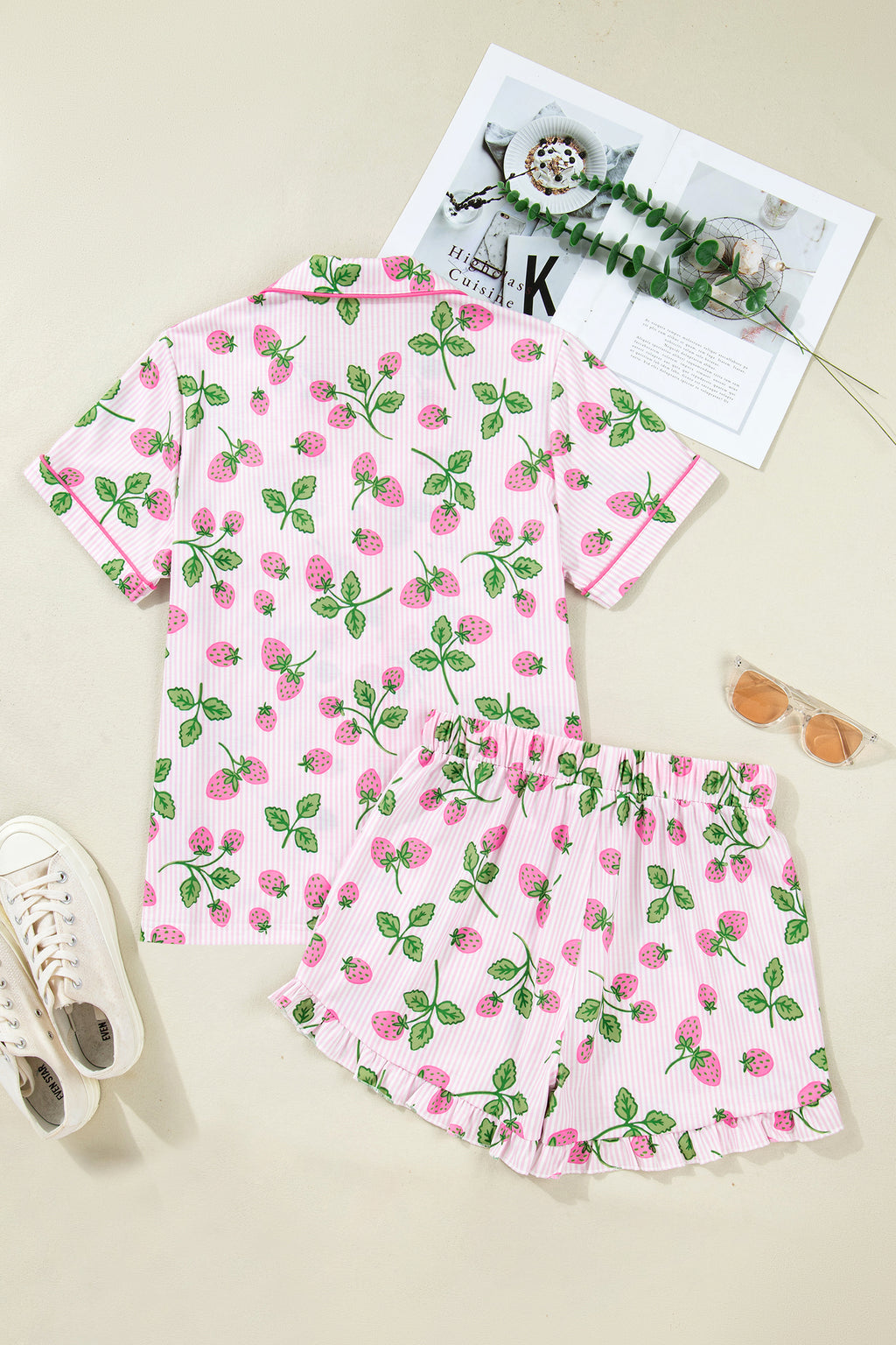 Pink Striped Strawberry Print Lapel Shirt Drawstring Shorts 2pcs Pajama Set