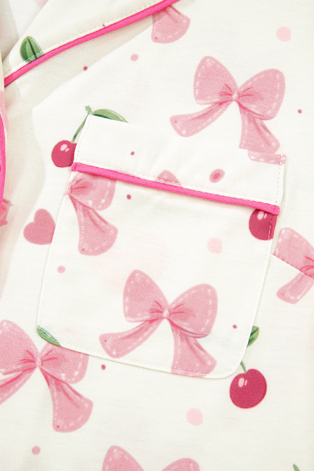 Beige Bow Fruit Print Contrast Pipping Short Pajamas Set