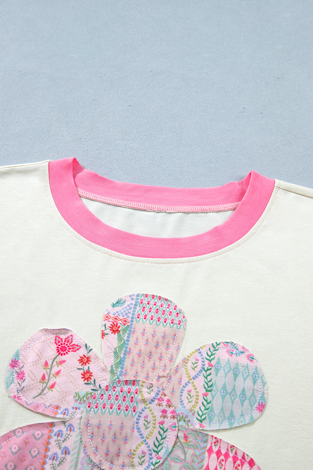Beige Plus Size Floral Patchwork Short Sleeve Patch Embroidery Cotton T Shirt