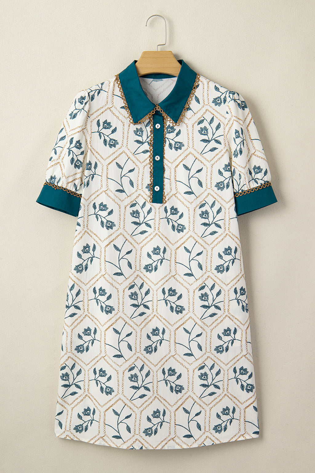 Blue Geometric Floral Print Lace Trim Collared Short Sleeve Mini Dress