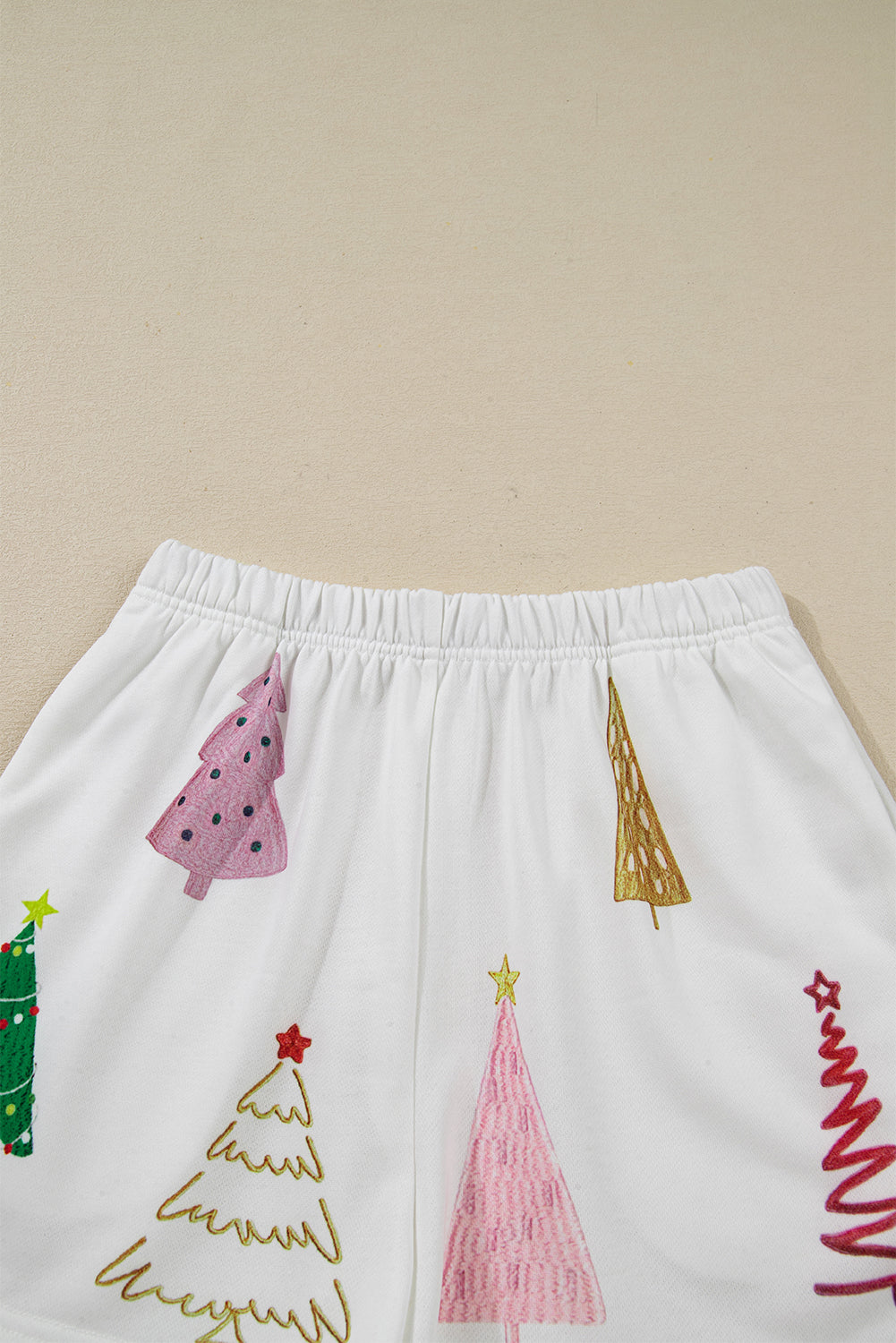 White Stripe Multi Christmas Tree Long Sleeve Top and Shorts 2pcs Lounge Set