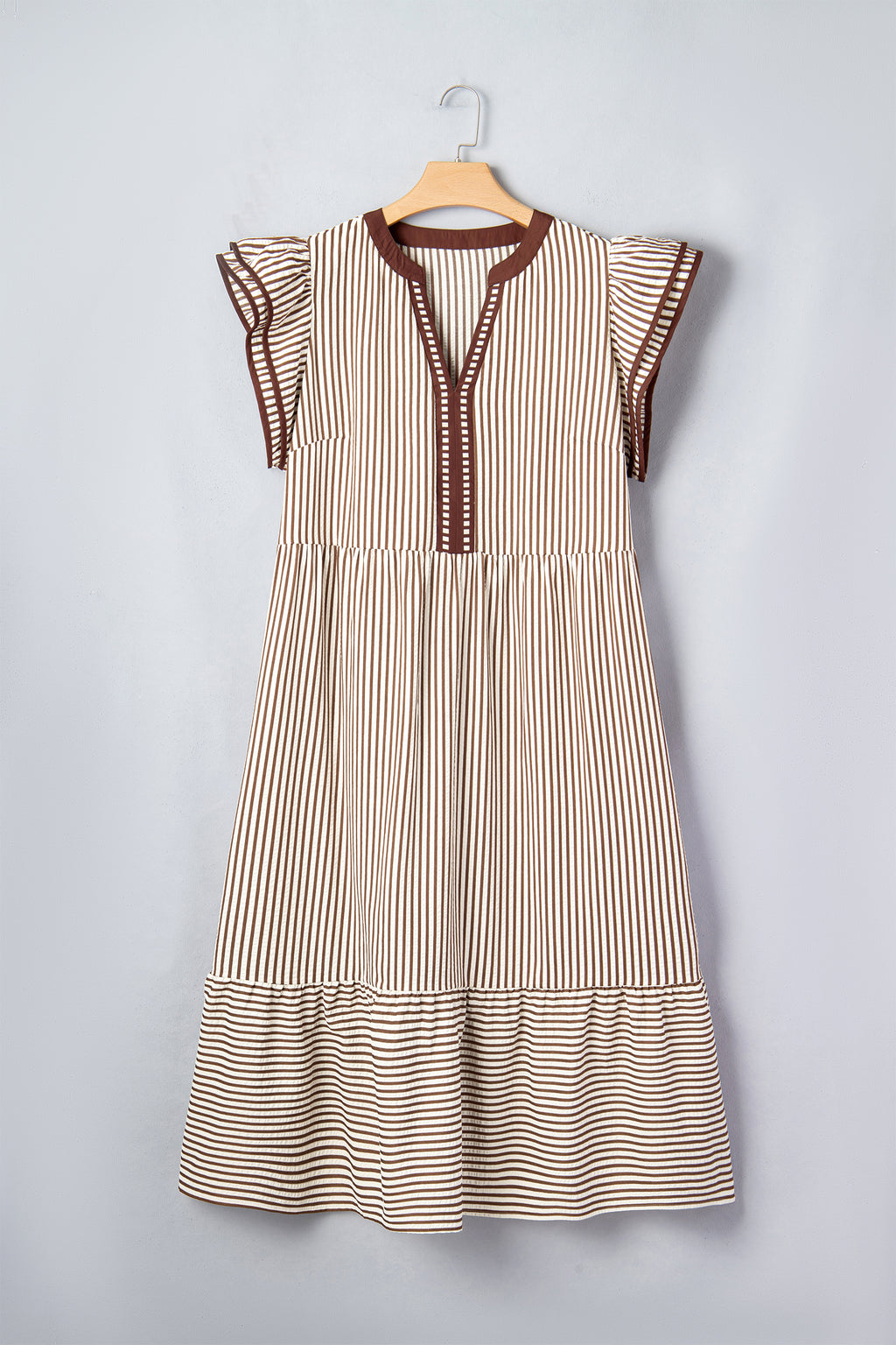 Brown Stripe Plus Size Slit V Neck Tiered Flutter Sleeve Maxi Dress