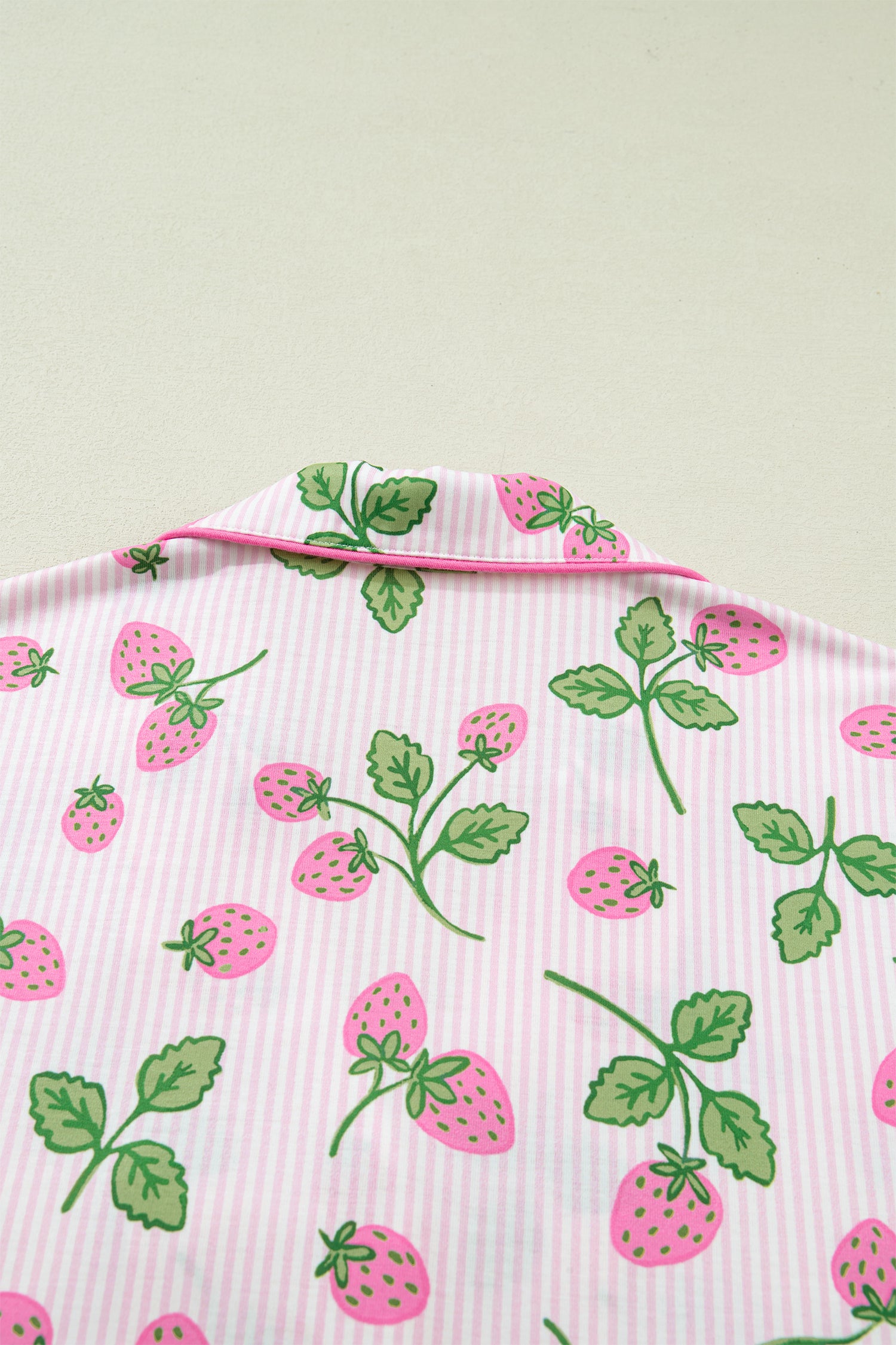 Pink Striped Strawberry Print Lapel Shirt Drawstring Shorts 2pcs Pajama Set