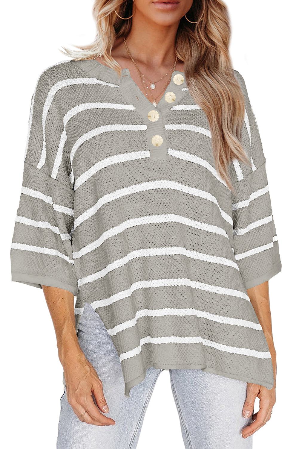 Gray Stripe Henley Buttoned Placket Drop Shoulder Bracelet Sleeve Knit Sweater Tee